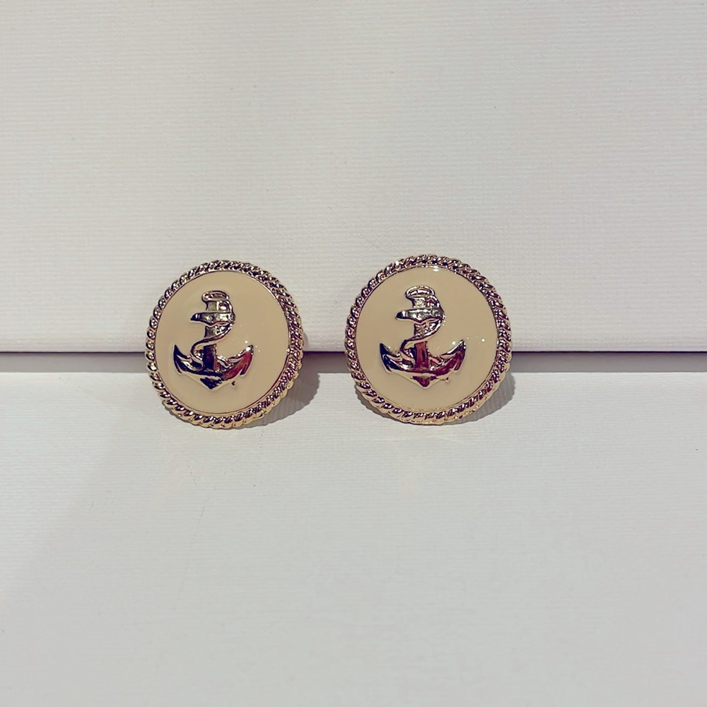 Vintage gold & cream color enamel nautical anchor clip on earrings